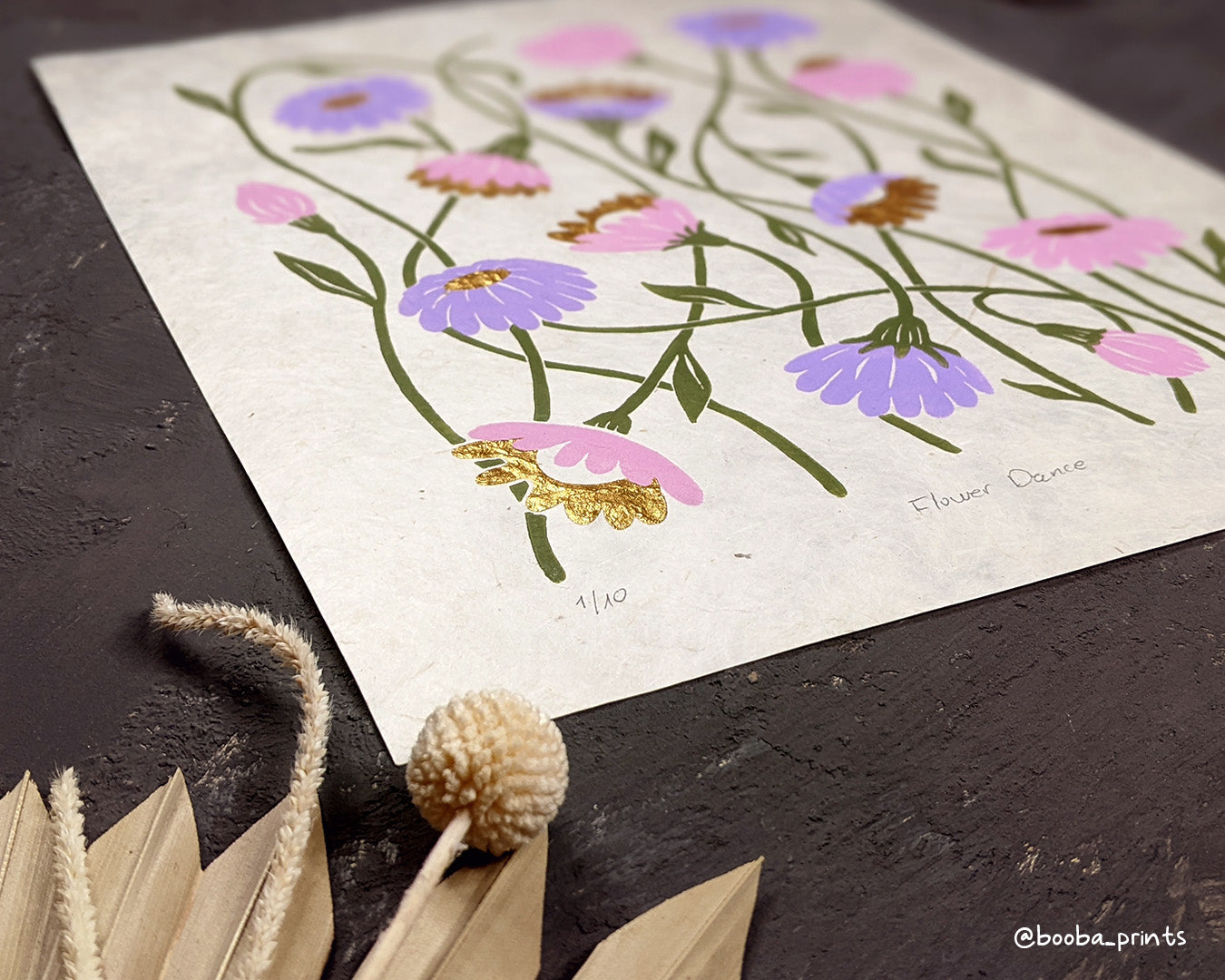 Original linocut 4 color linocut illuminated print named "Flower Dance". Printed in pink, purple and green and finished with gold touches. Elegant print for home decor. Flower lover gift. Print for gallery wall, studio decor, office decor. Art by Booba Prints