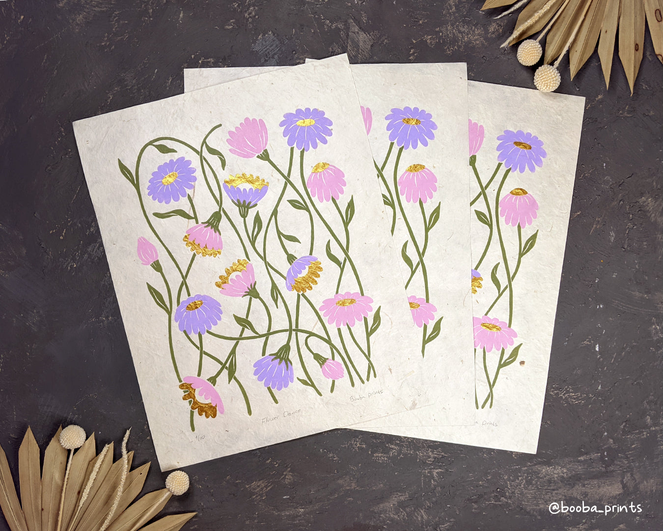 Original linocut 4 color linocut illuminated print named "Flower Dance". Printed in pink, purple and green and finished with gold touches. Elegant print for home decor. Flower lover gift. Print for gallery wall, studio decor, office decor. Art by Booba Prints