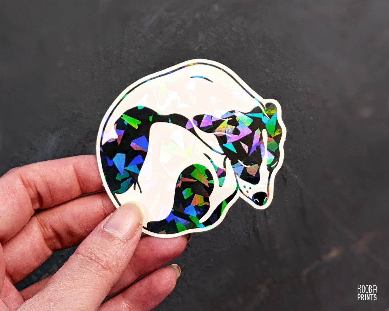 Sleeping dog vinyl waterproof sticker. Laptop sticker, planner sticker, stationary sticker, dog lover gift, dog lover sticker in black and white with a finish of frosty ice. Art by Booba Prints.