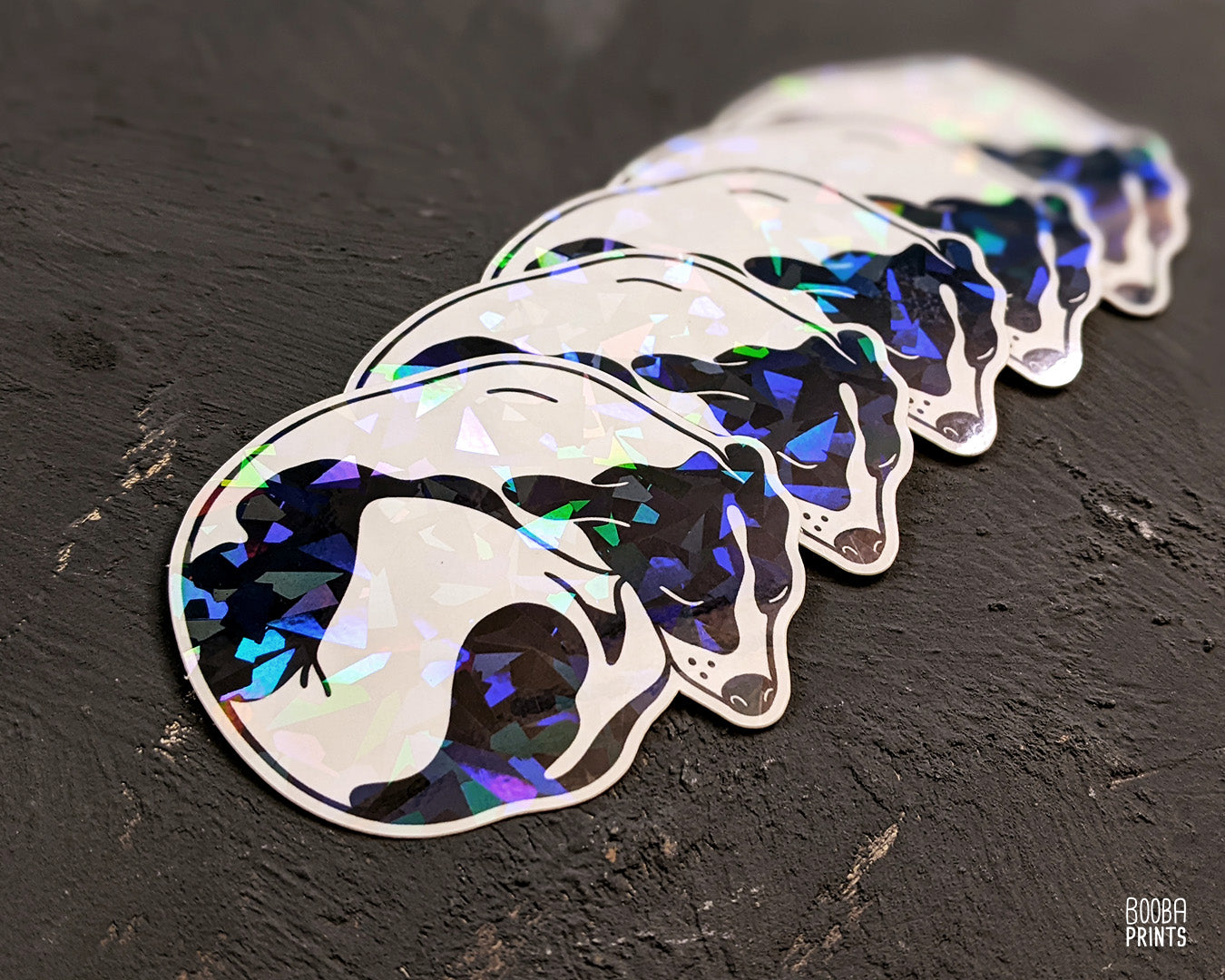 Sleeping dog vinyl waterproof sticker. Laptop sticker, planner sticker, stationary sticker, dog lover gift, dog lover sticker in black and white with a finish of frosty ice. Art by Booba Prints.