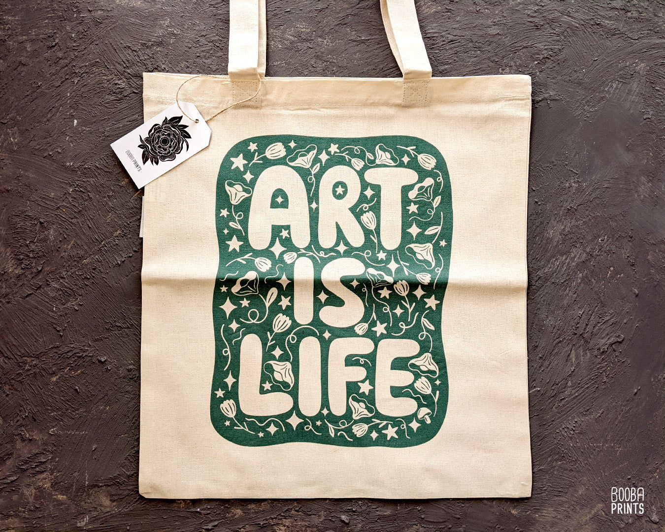 Art Is Life organic tote bag, original design printed in green on organic cotton tote bag, everyday bag, errands bag, gift for artists, art lover gift, printed digitally by a local vendor. Art by Booba Prints.