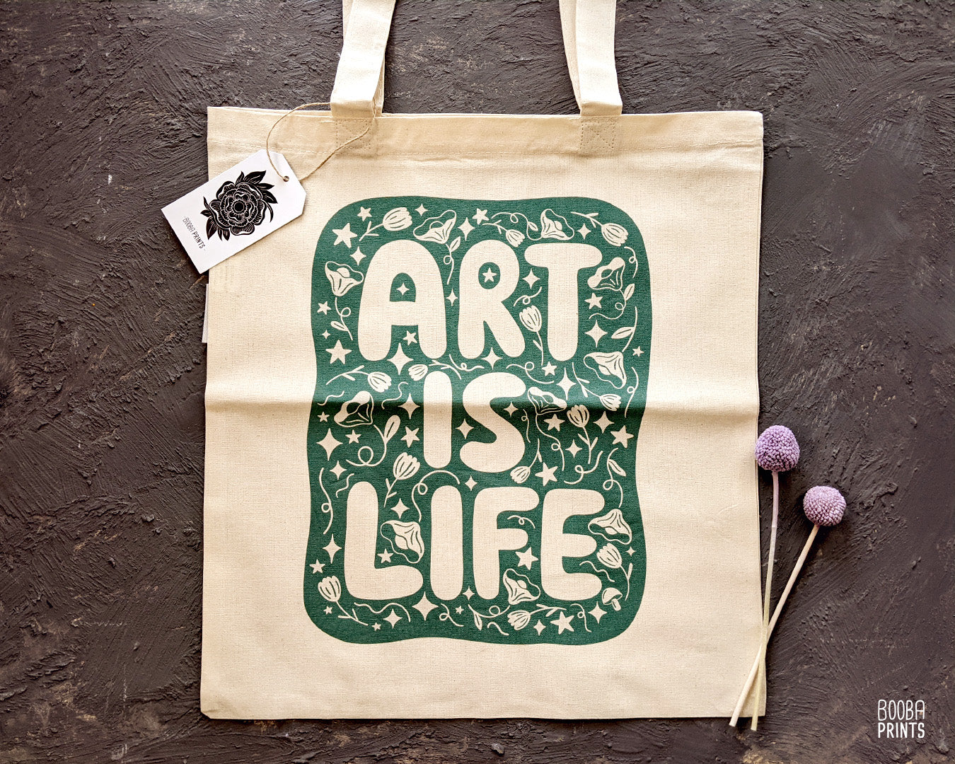 Art Is Life organic tote bag, original design printed in green on organic cotton tote bag, everyday bag, errands bag, gift for artists, art lover gift, printed digitally by a local vendor. Art by Booba Prints.