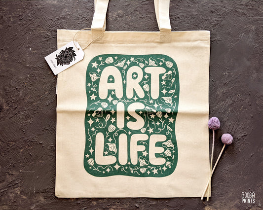 Art Is Life organic tote bag, original design printed in green on organic cotton tote bag, everyday bag, errands bag, gift for artists, art lover gift, printed digitally by a local vendor. Art by Booba Prints.