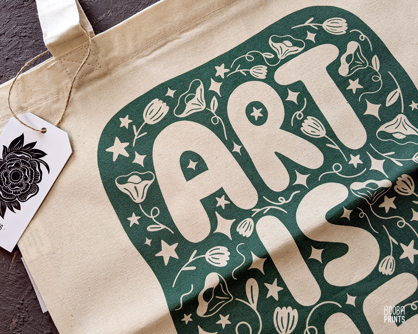 Art Is Life organic tote bag, original design printed in green on organic cotton tote bag, everyday bag, errands bag, gift for artists, art lover gift, printed digitally by a local vendor. Art by Booba Prints.