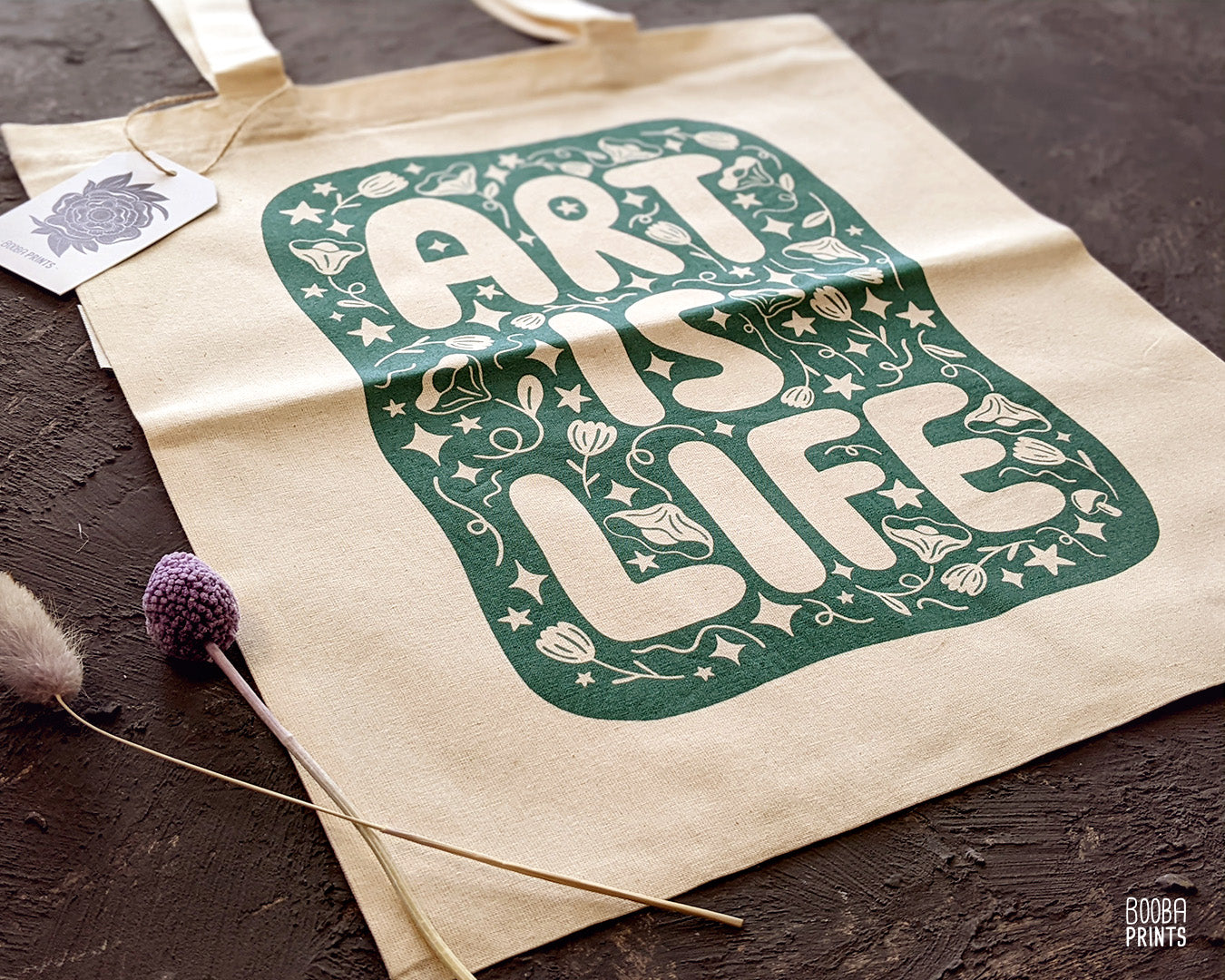 Art Is Life organic tote bag, original design printed in green on organic cotton tote bag, everyday bag, errands bag, gift for artists, art lover gift, printed digitally by a local vendor. Art by Booba Prints.