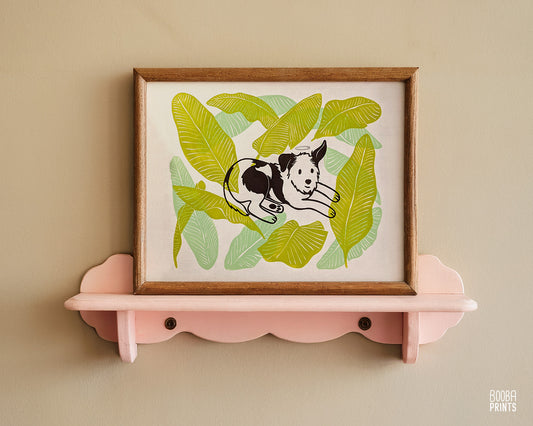 Dog & Banana Leaves Original Linocut Print ✷ 60% Off