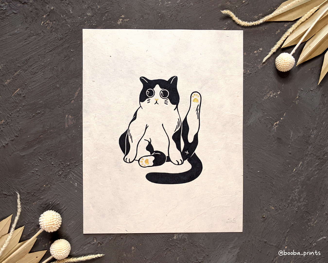 Handmade linocut original print of tuxedo cat. Black white and gold print. Hand printed after carving a linoleum block. Cat lover print. Different color option. Art by Booba Prints.