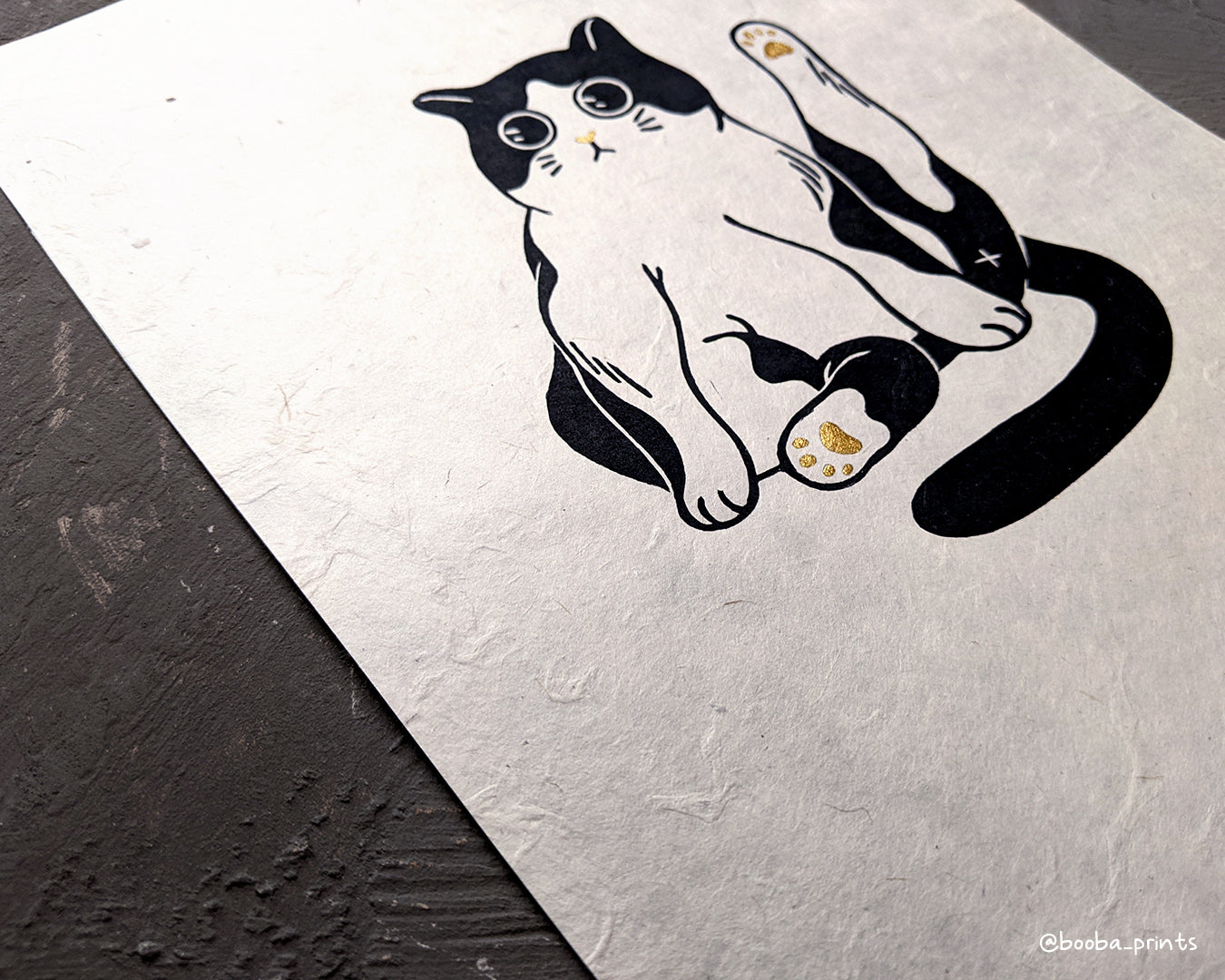 Handmade linocut original print of tuxedo cat. Black white and gold print. Hand printed after carving a linoleum block. Cat lover print. Different color option. Art by Booba Prints.
