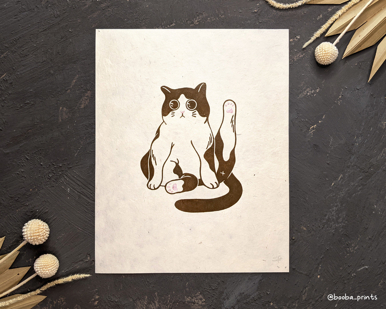 Handmade linocut original print of tuxedo cat. Black white and gold print. Hand printed after carving a linoleum block. Cat lover print. Different color option. Art by Booba Prints.