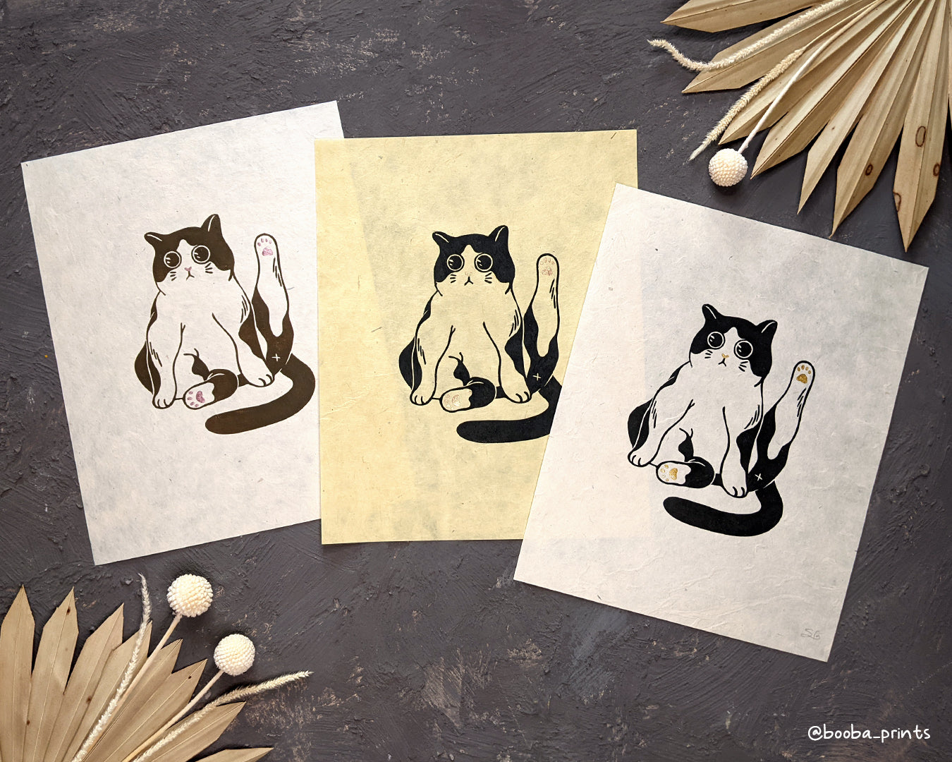 Handmade linocut original print of tuxedo cat. Black white and gold print. Hand printed after carving a linoleum block. Cat lover print. Different color option. Art by Booba Prints.