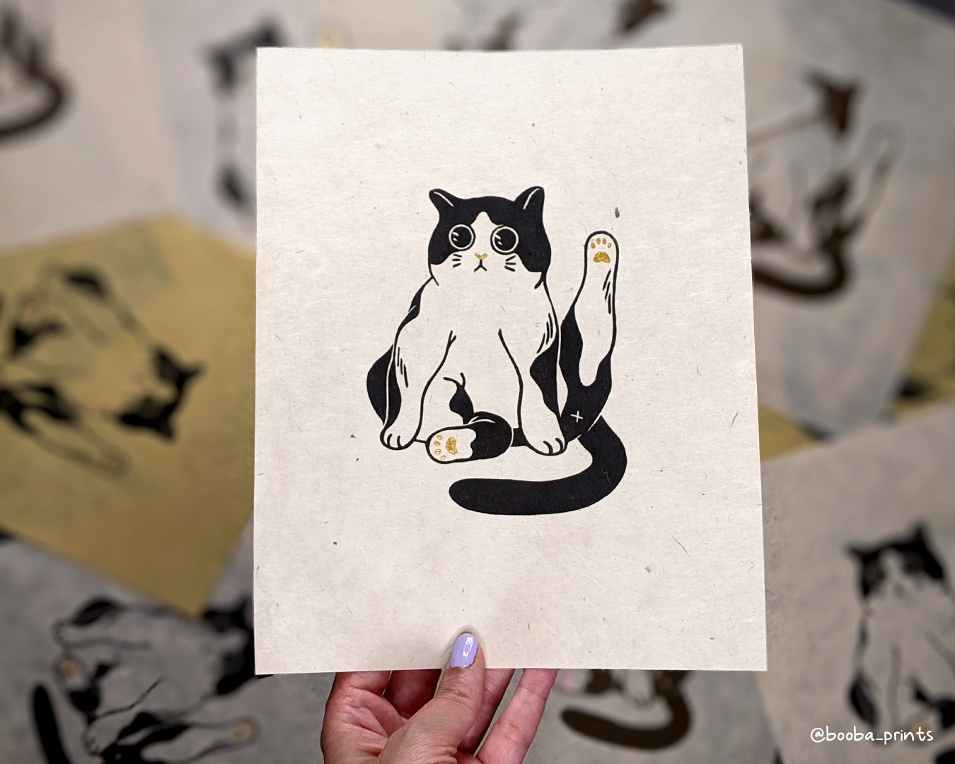 Cat with Stripes and Circles, Linocut Fine Art Print – Moon Rabbit Press