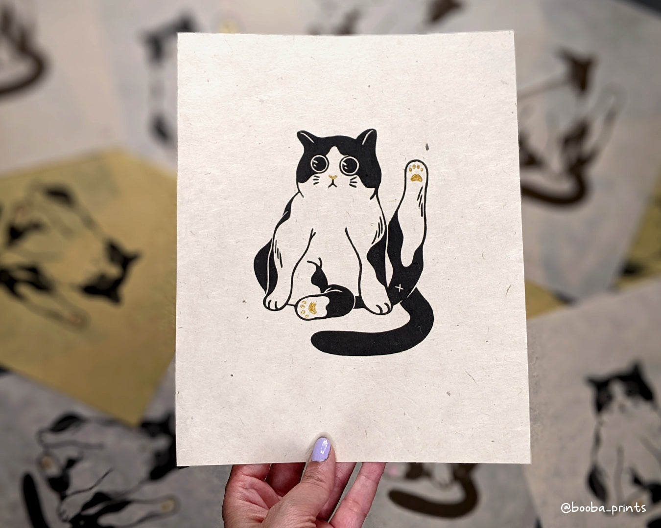 Handmade linocut original print of tuxedo cat. Black white and gold print. Hand printed after carving a linoleum block. Cat lover print. Different color option. Art by Booba Prints.