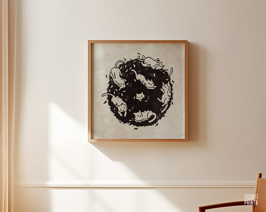 Cats In A Bush Linocut Print: Gift For Cat Lover