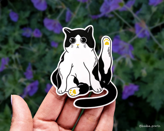 Vinyl sticker of a tuxedo cat. Black white and yellow sticker. waterproof sticker for laptop, bottle or journal. Cat lover sticker. Marvelous cat sticker by Booba Prints.