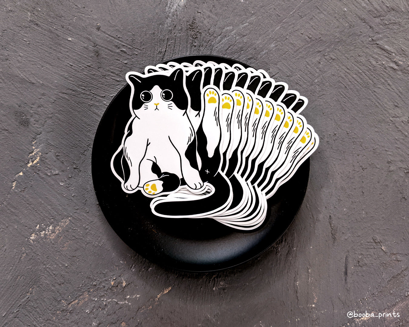 Vinyl sticker of a tuxedo cat. Black white and yellow sticker. waterproof sticker for laptop, bottle or journal. Cat lover sticker. Marvelous cat sticker by Booba Prints.