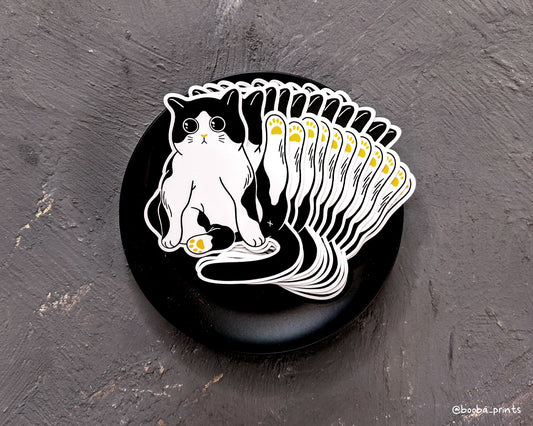 Vinyl sticker of a tuxedo cat. Black white and yellow sticker. waterproof sticker for laptop, bottle or journal. Cat lover sticker. Marvelous cat sticker by Booba Prints.
