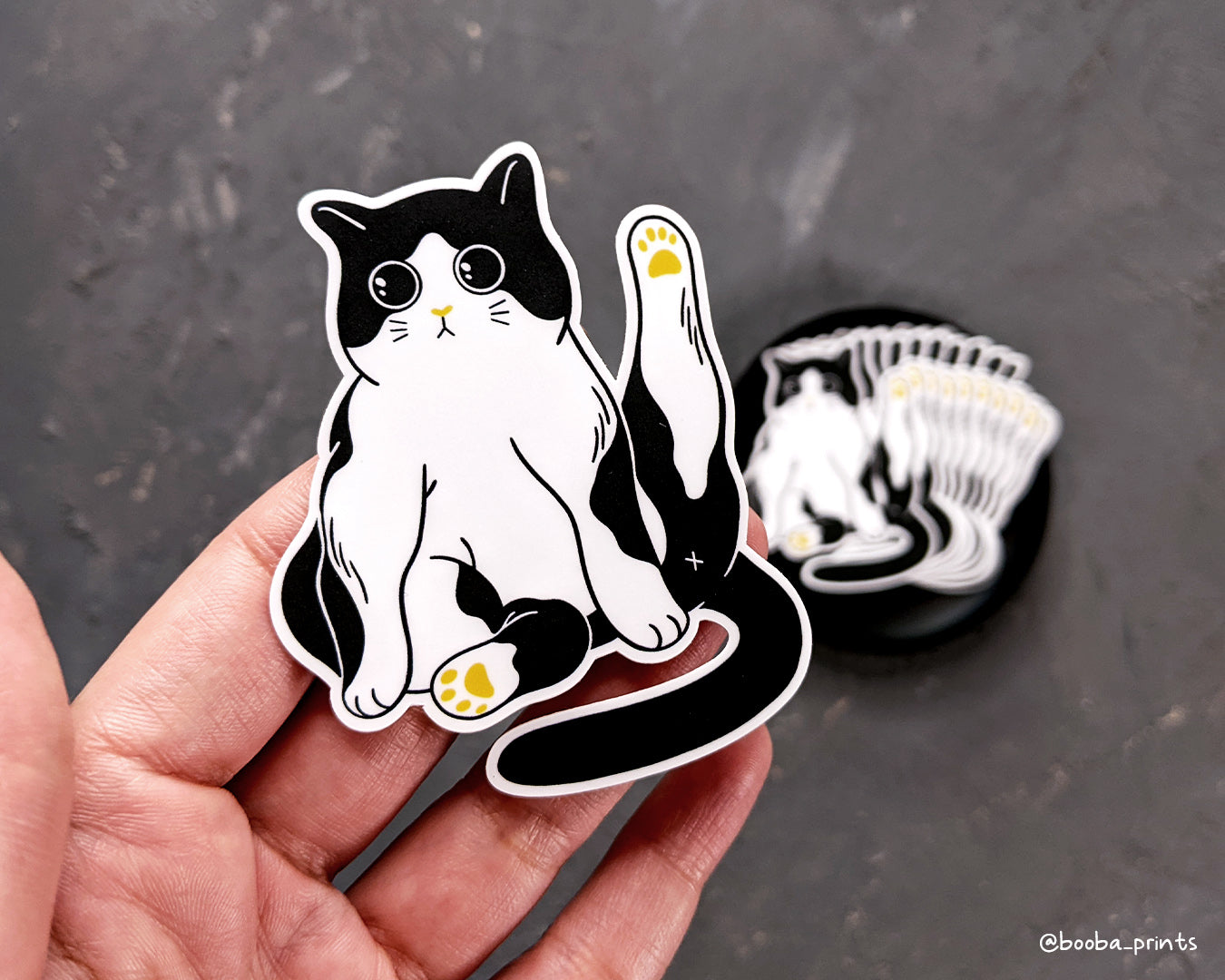 Vinyl sticker of a tuxedo cat. Black white and yellow sticker. waterproof sticker for laptop, bottle or journal. Cat lover sticker. Marvelous cat sticker by Booba Prints.