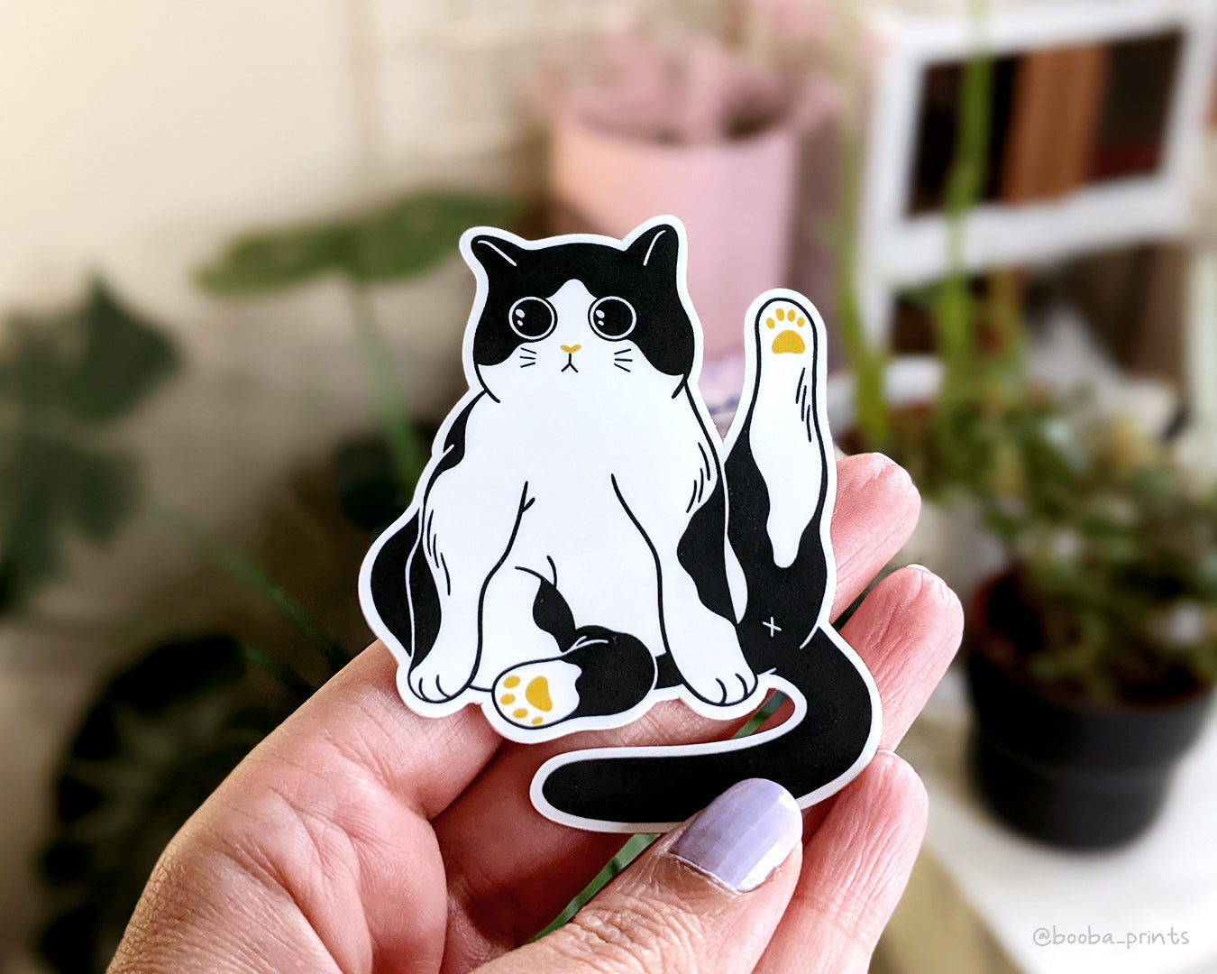 Vinyl sticker of a tuxedo cat. Black white and yellow sticker. waterproof sticker for laptop, bottle or journal. Cat lover sticker. Marvelous cat sticker by Booba Prints.