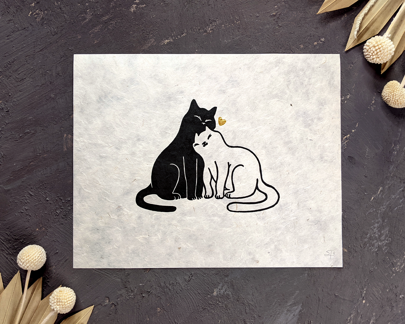Snuggly Cats & Heart Linocut Print
