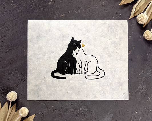 Snuggly Cats & Heart  Linocut Print