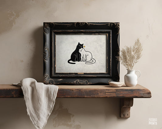 Snuggly Cats & Heart  Linocut Print