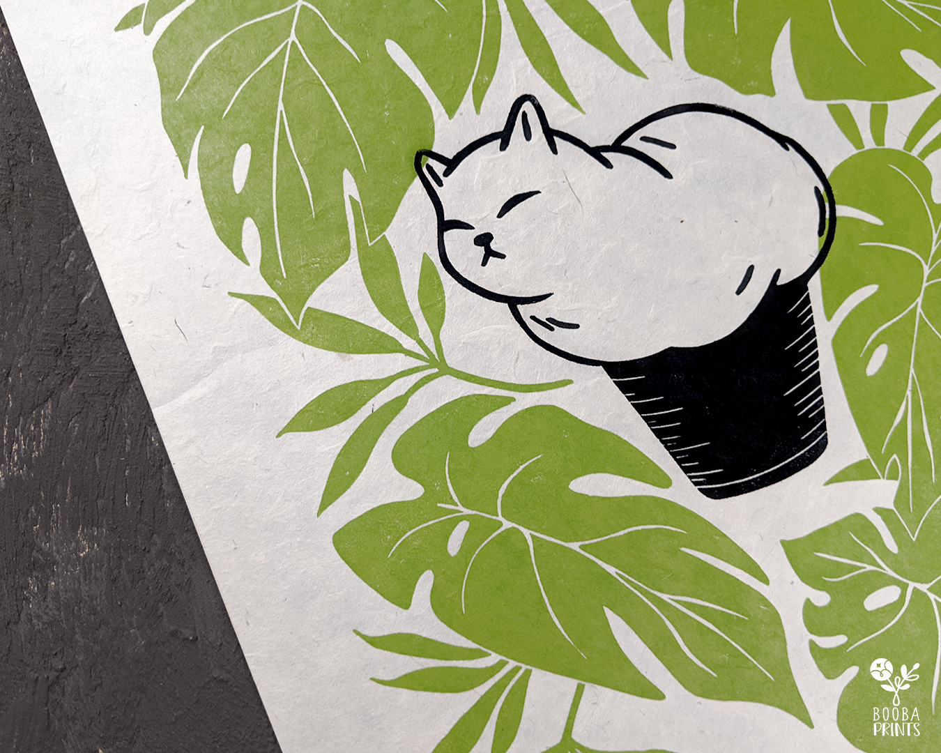 Muffin Cat & Monstera Deliciosa Linocut Print