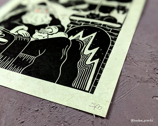 Handmade linocut print of Santa Cat Person. Original hand printed in black ink and finished with peach paint. Print for the holiday, christmas home decor. Santa Claus and Christmas print, gift for the holiday. Art by Booba Prints