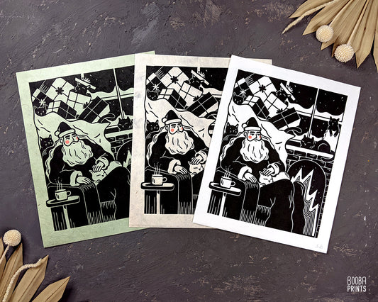 Handmade linocut print of Santa Cat Person. Original hand printed in black ink and finished with peach paint. Print for the holiday, christmas home decor. Santa Claus and Christmas print, gift for the holiday. Art by Booba Prints