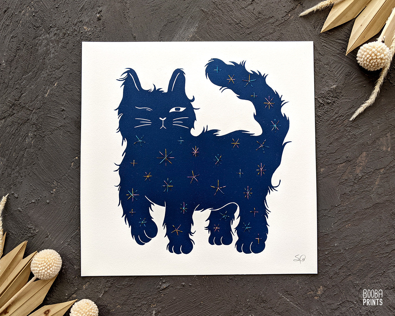 Embroidered Cat print set, Day & Nigh Cats, linocut print duo, Embroidered with shimmer thread, Original navy blue prints, Cat lover gift. Carved from linoleum block and printed by hand using a printing press, cat lover gift, mixed media wall art. Art by Booba Prints