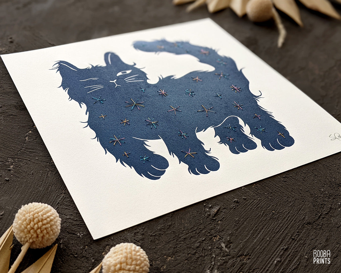 Embroidered Cat print set, Day & Nigh Cats, linocut print duo, Embroidered with shimmer thread, Original navy blue prints, Cat lover gift. Carved from linoleum block and printed by hand using a printing press, cat lover gift, mixed media wall art. Art by Booba Prints