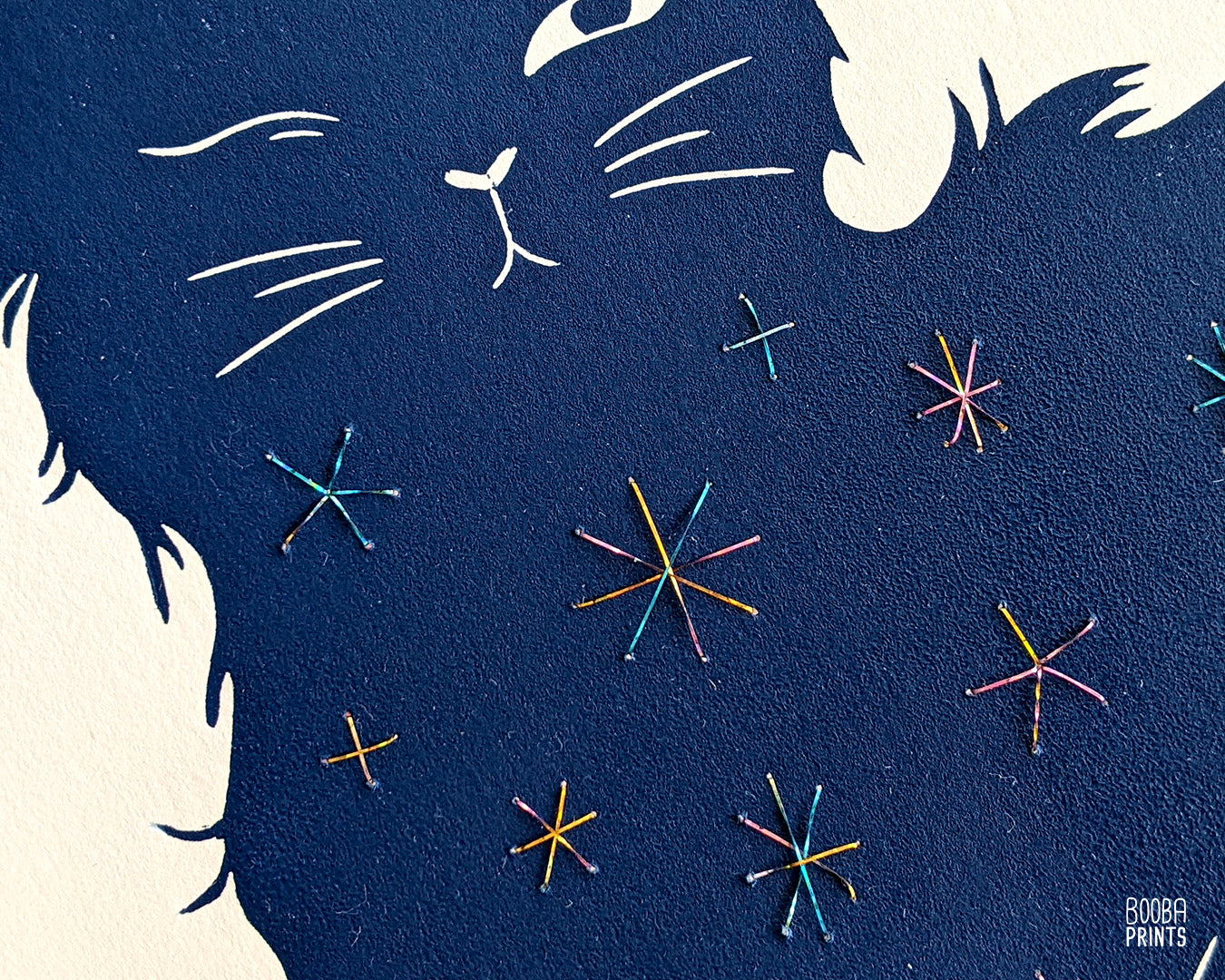 Embroidered Cat print set, Day & Nigh Cats, linocut print duo, Embroidered with shimmer thread, Original navy blue prints, Cat lover gift. Carved from linoleum block and printed by hand using a printing press, cat lover gift, mixed media wall art. Art by Booba Prints