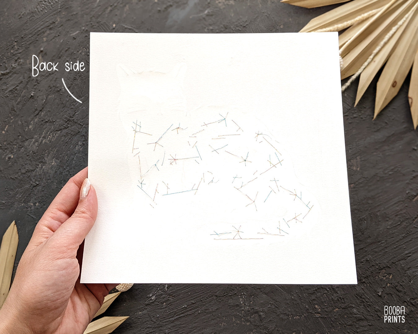 Embroidered Cat print set, Day & Nigh Cats, linocut print duo, Embroidered with shimmer thread, Original navy blue prints, Cat lover gift. Carved from linoleum block and printed by hand using a printing press, cat lover gift, mixed media wall art. Art by Booba Prints