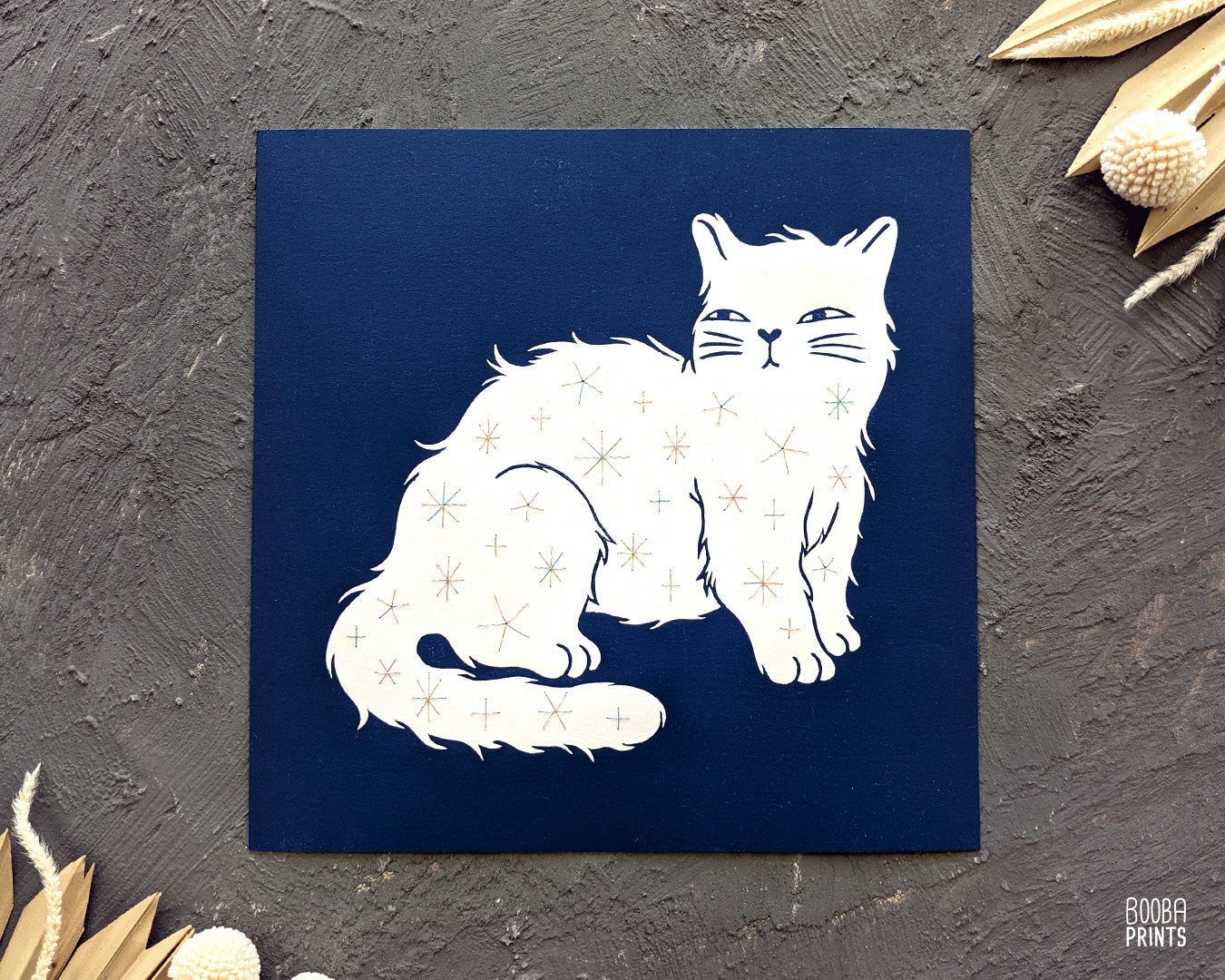 Embroidered Cat print set, Day & Nigh Cats, linocut print duo, Embroidered with shimmer thread, Original navy blue prints, Cat lover gift. Carved from linoleum block and printed by hand using a printing press, cat lover gift, mixed media wall art. Art by Booba Prints