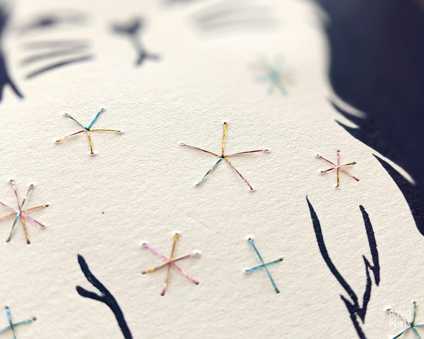 Embroidered Cat print set, Day & Nigh Cats, linocut print duo, Embroidered with shimmer thread, Original navy blue prints, Cat lover gift. Carved from linoleum block and printed by hand using a printing press, cat lover gift, mixed media wall art. Art by Booba Prints