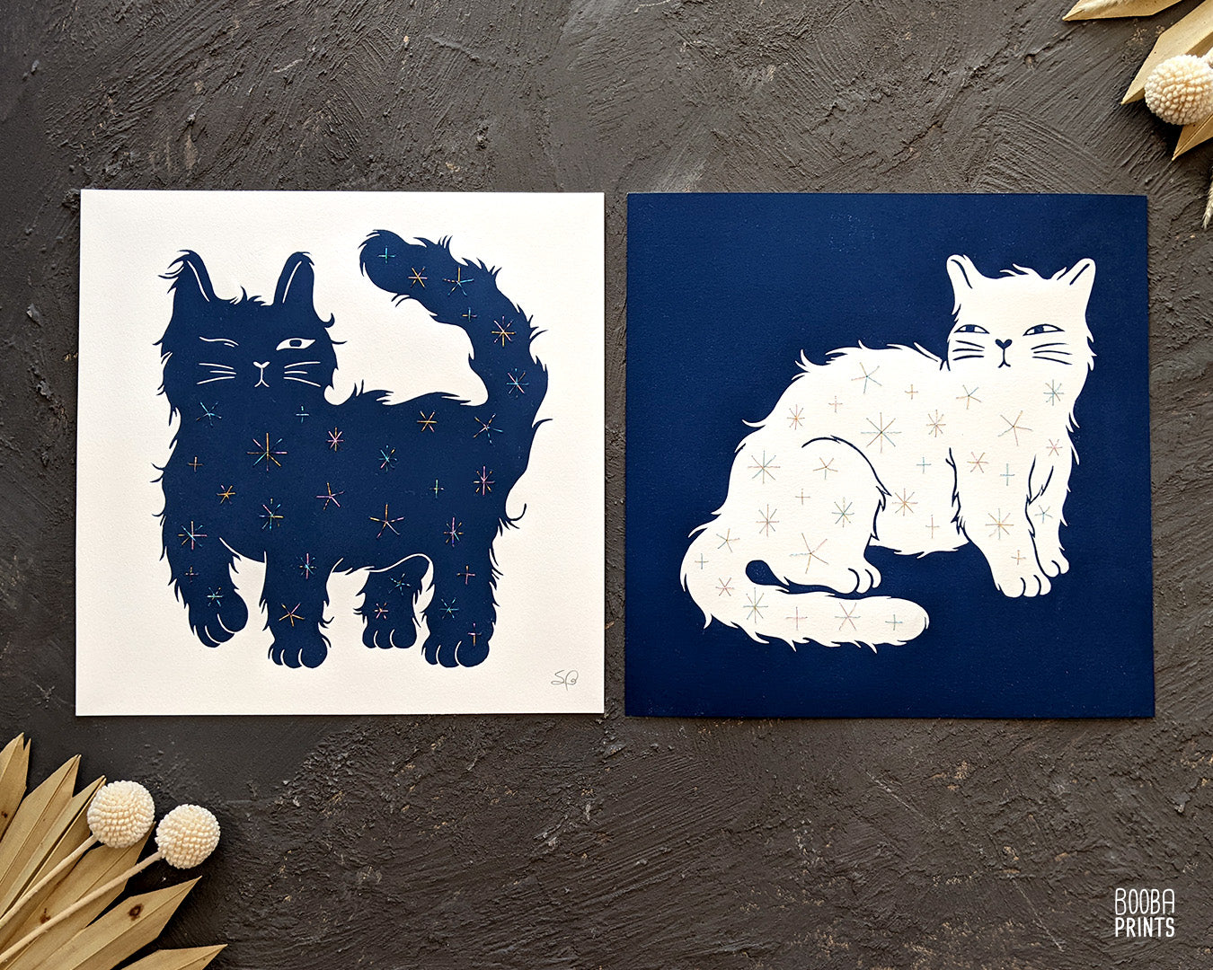 Embroidered Cat print set, Day & Nigh Cats, linocut print duo, Embroidered with shimmer thread, Original navy blue prints, Cat lover gift. Carved from linoleum block and printed by hand using a printing press, cat lover gift, mixed media wall art. Art by Booba Prints