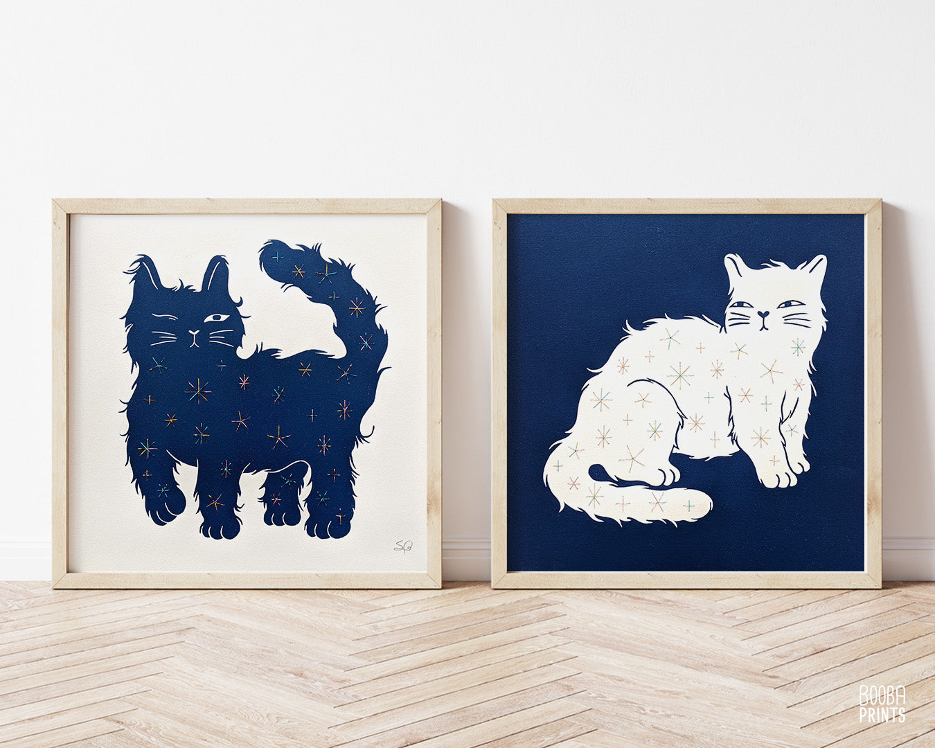 Embroidered Cat print set, Day & Nigh Cats, linocut print duo, Embroidered with shimmer thread, Original navy blue prints, Cat lover gift. Carved from linoleum block and printed by hand using a printing press, cat lover gift, mixed media wall art. Art by Booba Prints