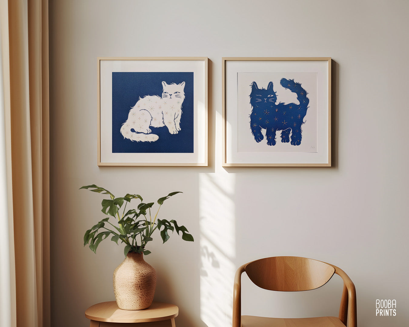 Embroidered Cat print set, Day & Nigh Cats, linocut print duo, Embroidered with shimmer thread, Original navy blue prints, Cat lover gift. Carved from linoleum block and printed by hand using a printing press, cat lover gift, mixed media wall art. Art by Booba Prints