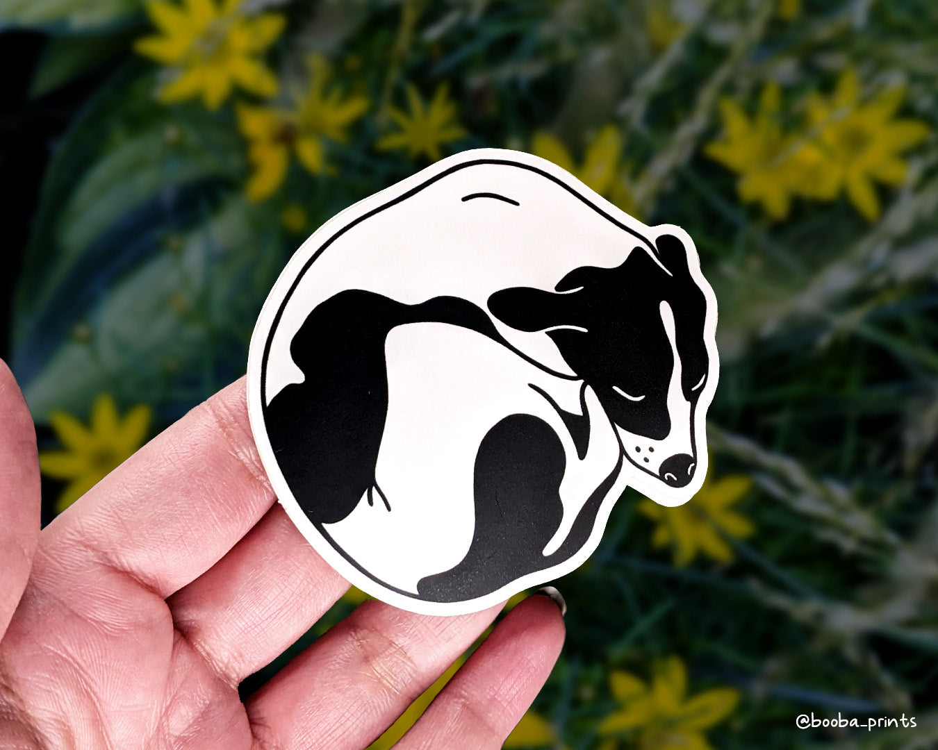 Vinyl dog sticker, black and white sticker of sleeping dog, waterproof sticker, laptop and planner sticker, cute gift for a dog lover. Art by Booba Prints