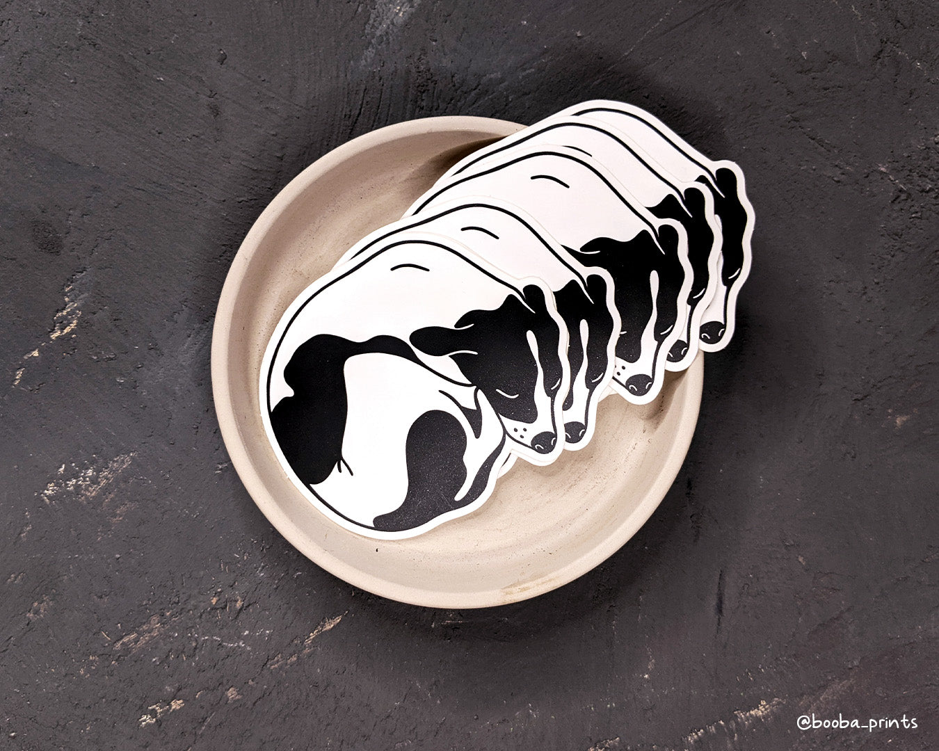 Vinyl dog sticker, black and white sticker of sleeping dog, waterproof sticker, laptop and planner sticker, cute gift for a dog lover. Art by Booba Prints
