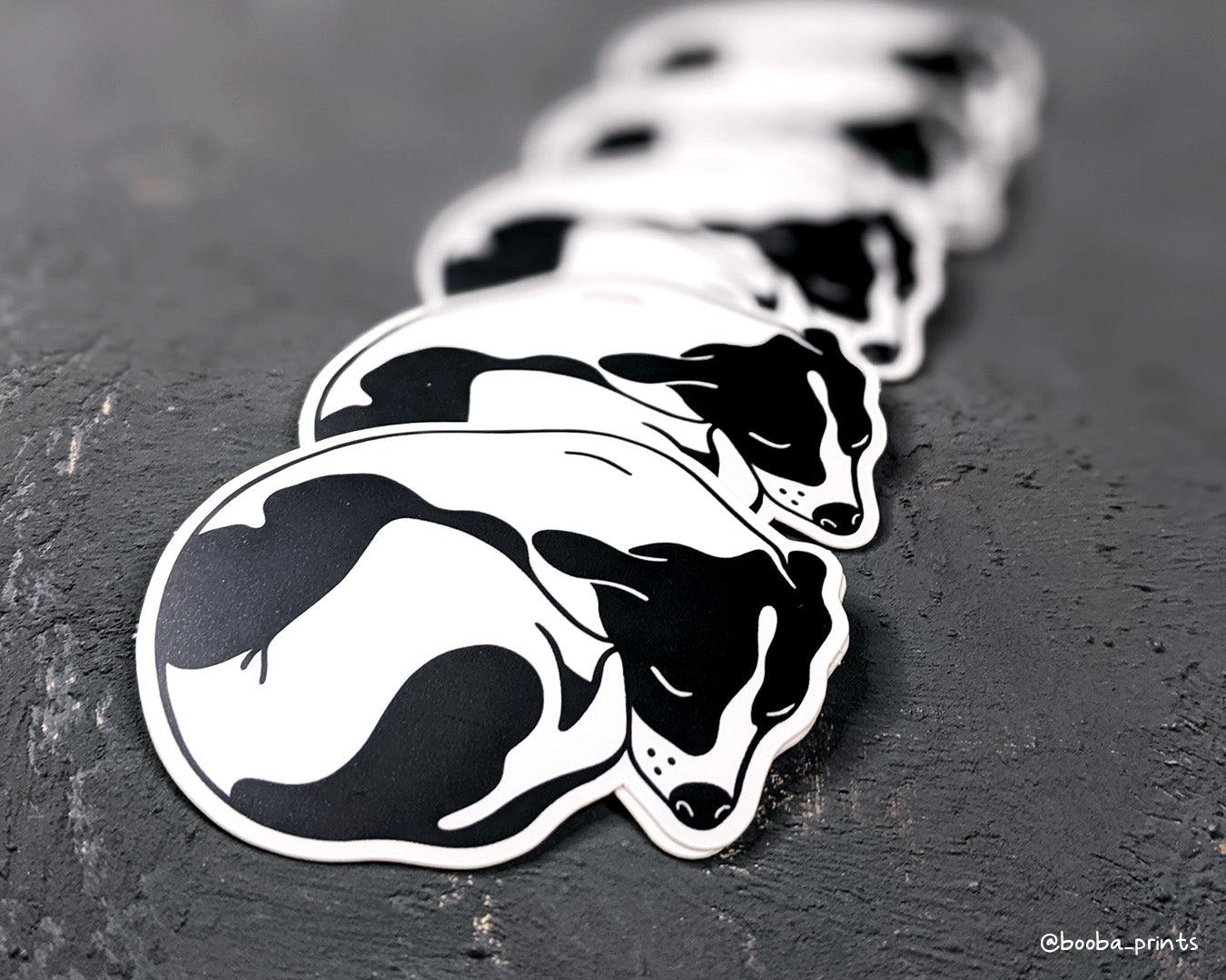 Vinyl dog sticker, black and white sticker of sleeping dog, waterproof sticker, laptop and planner sticker, cute gift for a dog lover. Art by Booba Prints