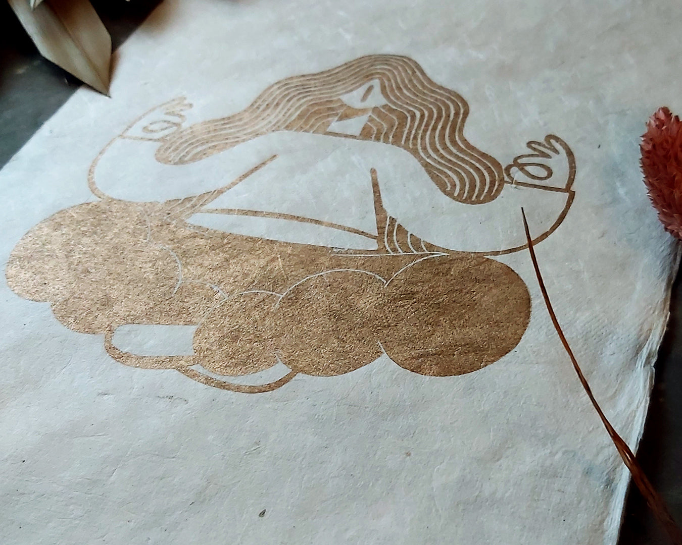 Golden Meditation Zen Linocut Print