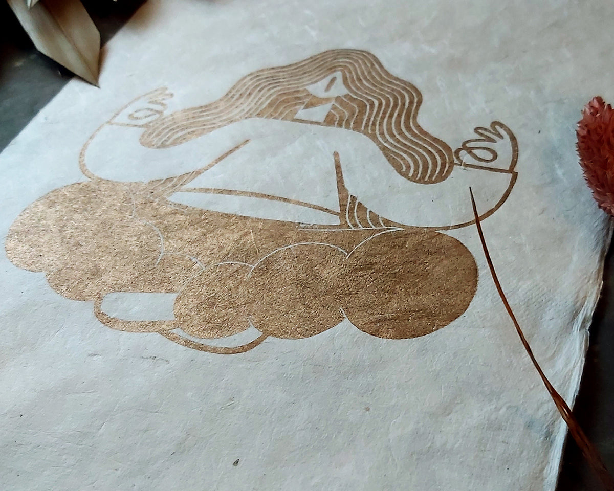 Golden Meditation Zen Linocut Print