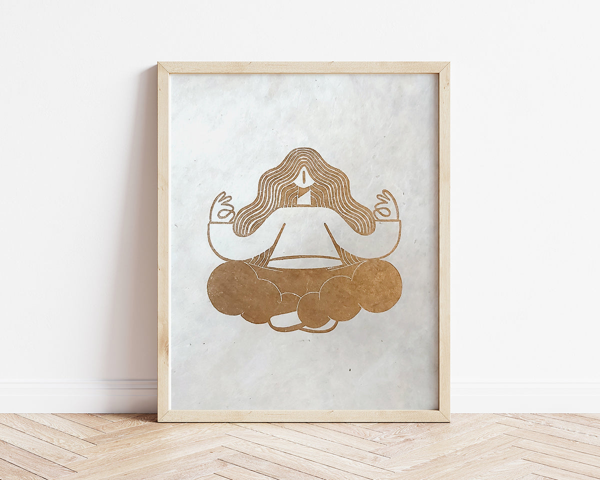 Golden Meditation Zen Linocut Print