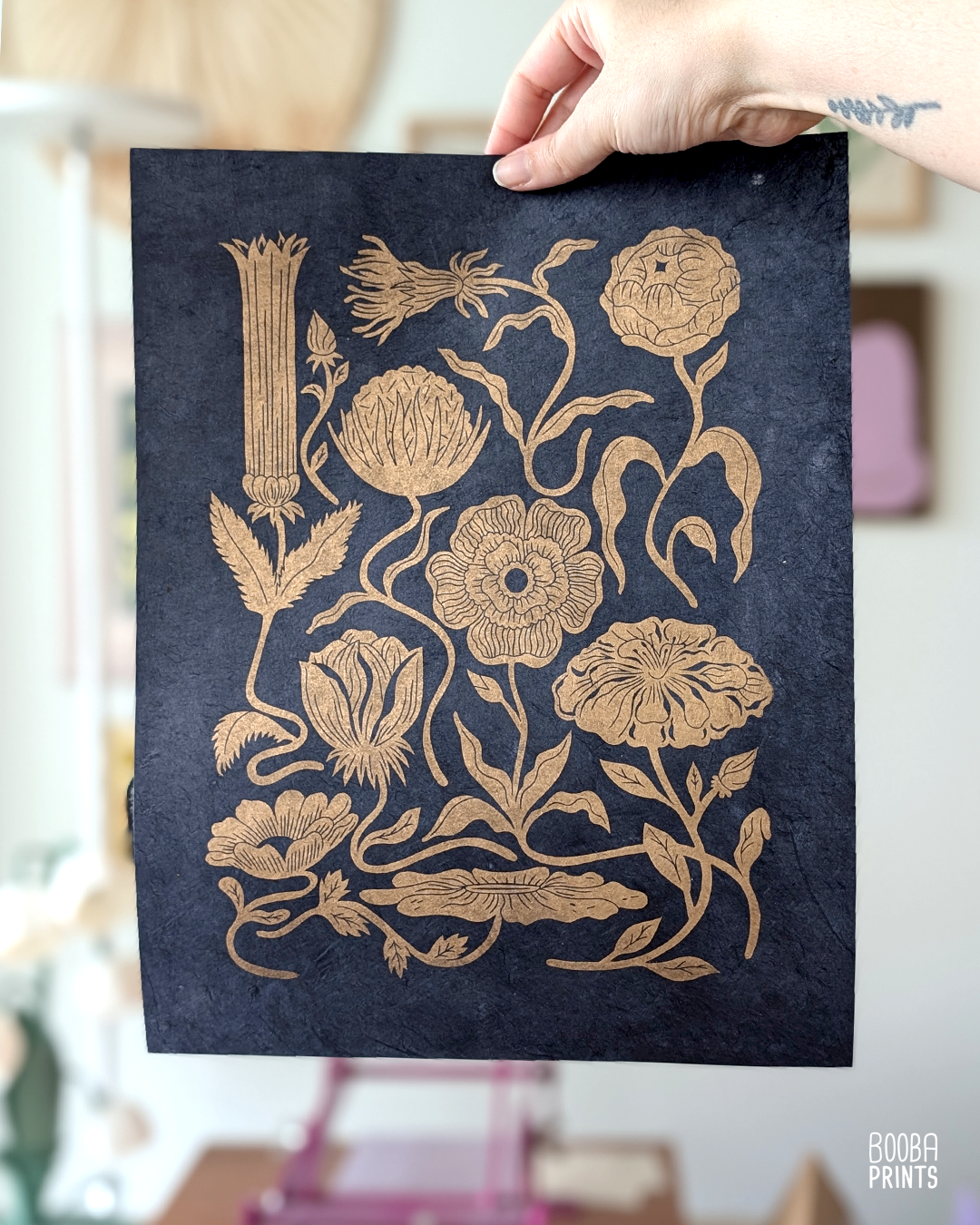 #1 Golden Flowers Linocut Print