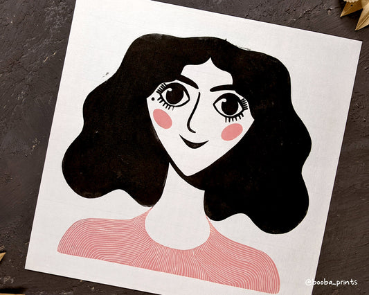 Whimsical Lady Portrait 2 Color Linocut Print ✷ 50%-65% Off