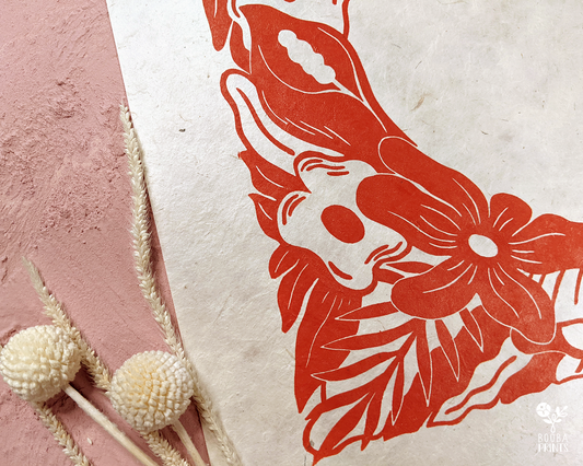 Original hand carved and hand printed linocut print of floral heart. Printed with red oil based ink on natural Lokta paper or light pink card paper. Valentine's Day gift. Home decor lover gift. Art by Booba Prints.