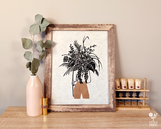 Handmade linocut print of my Flower Head Girl. 2 color original print in black and metallic copper. Printed with oil based ink on natural Lokta paper 55 gsm. Boho print for home decor. Flower lover print. Woman and flower print. Art by Booba Prints.
