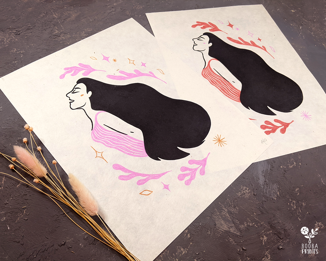 Original handmade linocut print of my "Take A Deep Breath". Mixed media piece combining linocut print and colored pencils to create a visual reminder to slow down and take a deep breath. Printed with black oil based ink on natural Lokta paper 55 gsm. finished with pink or red colored pencils. 11x14 inches. Print for home decor. Modern woman and flower print. Art by Booba Prints.
💙 This print is part of Super Seconds Festival where I sell samples and seconds in reduced prices in up to 70% off. Some prints