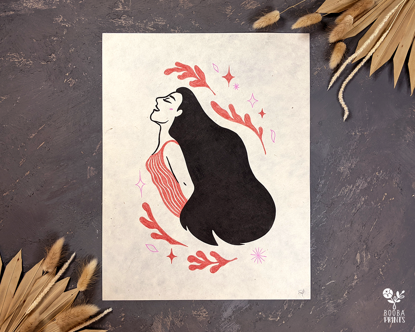 Original handmade linocut print of my "Take A Deep Breath". Mixed media piece combining linocut print and colored pencils to create a visual reminder to slow down and take a deep breath. Printed with black oil based ink on natural Lokta paper 55 gsm. finished with pink or red colored pencils. 11x14 inches. Print for home decor. Modern woman and flower print. Art by Booba Prints.
💙 This print is part of Super Seconds Festival where I sell samples and seconds in reduced prices in up to 70% off. Some prints