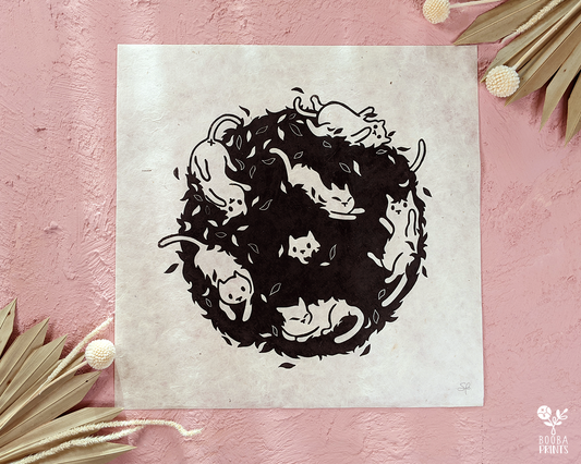 Handmade linocut original print of Cat Bush. Inspired by Kate Bush song "Running Up That Hill". Cat lover print. Cat print for home decorations. Printed with black oil based ink on natural Lokta paper 55 gsm.